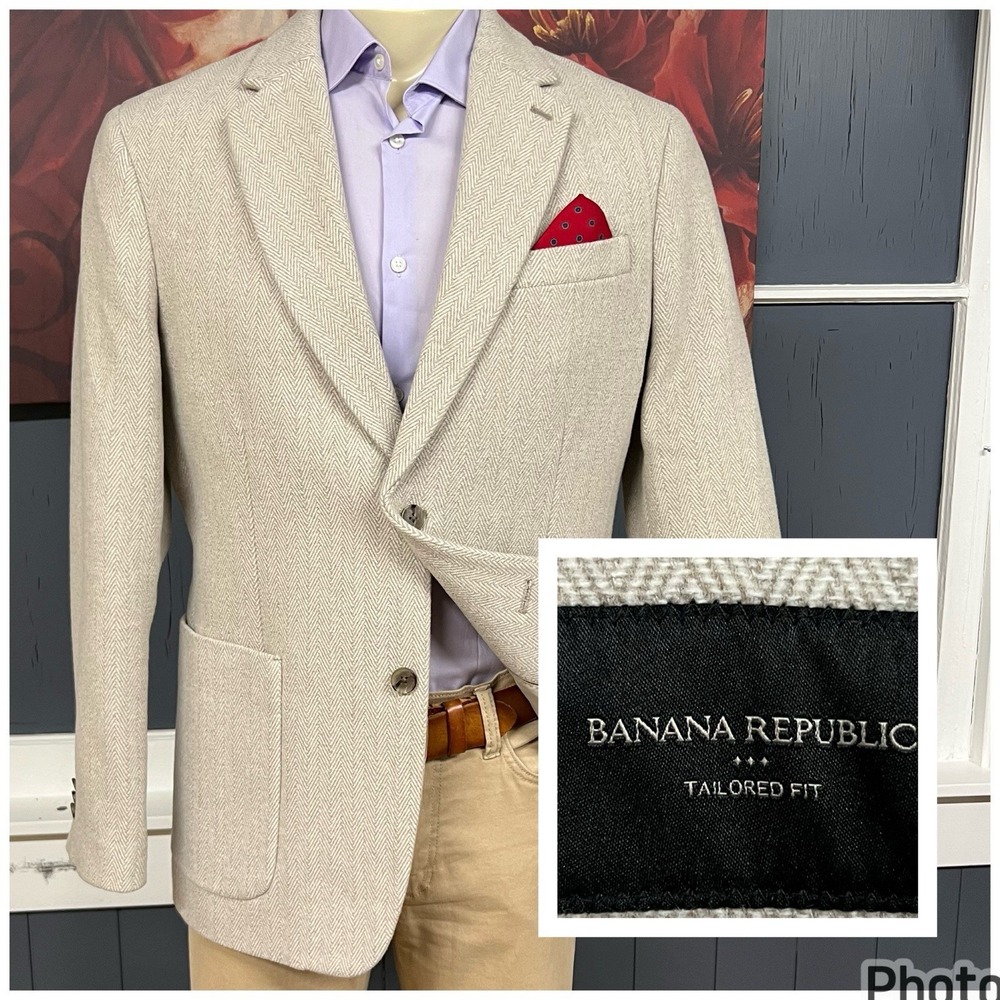 Banana Republic Soft Tweed Blazer Jacket Mens 44R Tailored Slim Fit Light Beige